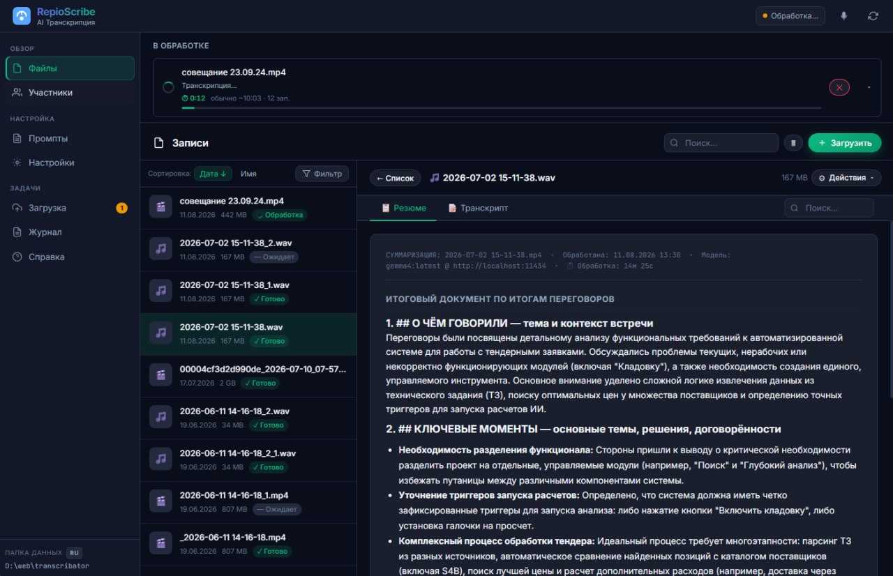 Список записей и автоматическое резюме встречи